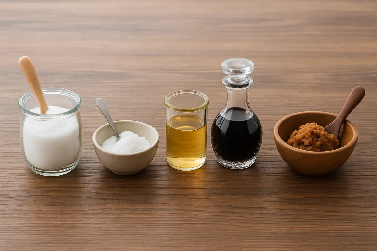 A high-resolution, wide-format photograph showing five traditional Japanese seasonings arranged side by side on a wooden table: from left to right, granulated sugar in a clear glass jar with a wooden scoop; fine salt in a small ceramic bowl with a metal spoon; rice vinegar in a straight-sided glass beaker; dark soy sauce in a cut-glass decanter; and brown miso paste in a wooden bowl with a matching spoon.